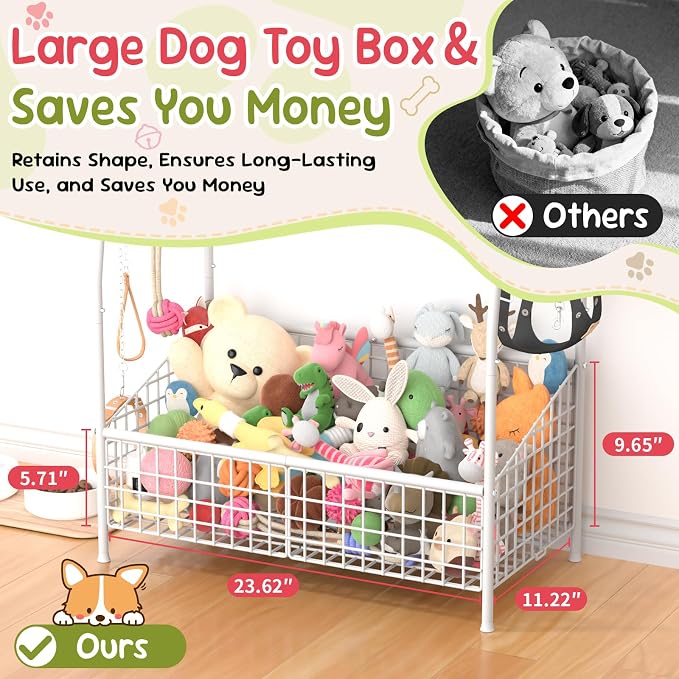 Kaiferty Indestructible Large Dog Toy basket, Toy Box for Dogs,Pet Toys Bin Dog Metal Wire Basket for Toys, Food Storage, Storage Organizer Chest Storage, Toy Box for Living Room Area (White)