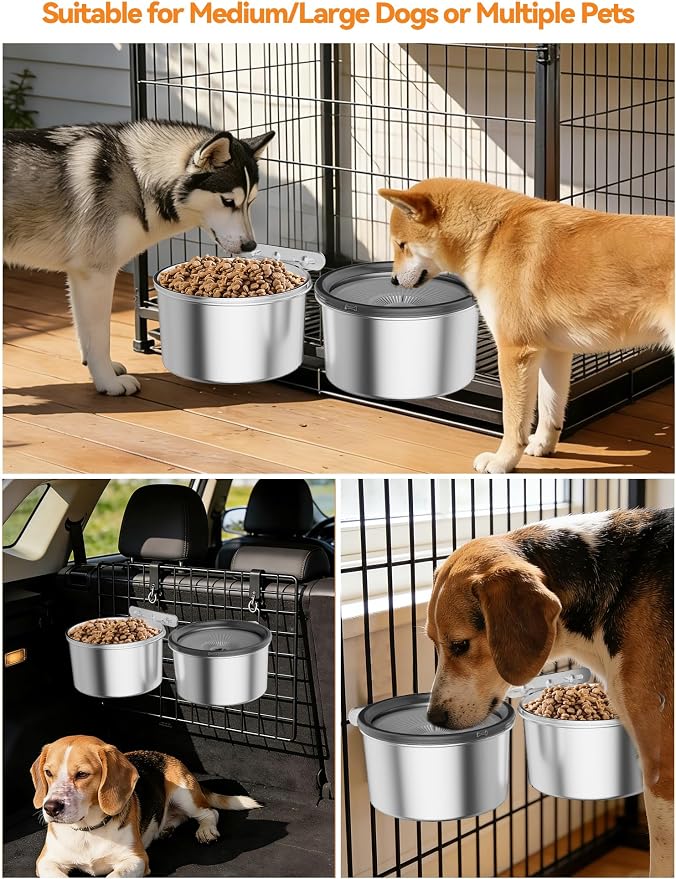 2 Pcs No Spill Dog Water Bowl for Crate, 2.5L Stainless Steel Hanging Kennel Bowls with Adjustable Height, Anti-Splash Water & Food Bowl Set for Cage Kennel Crate, Medium Large Dogs (Grey)