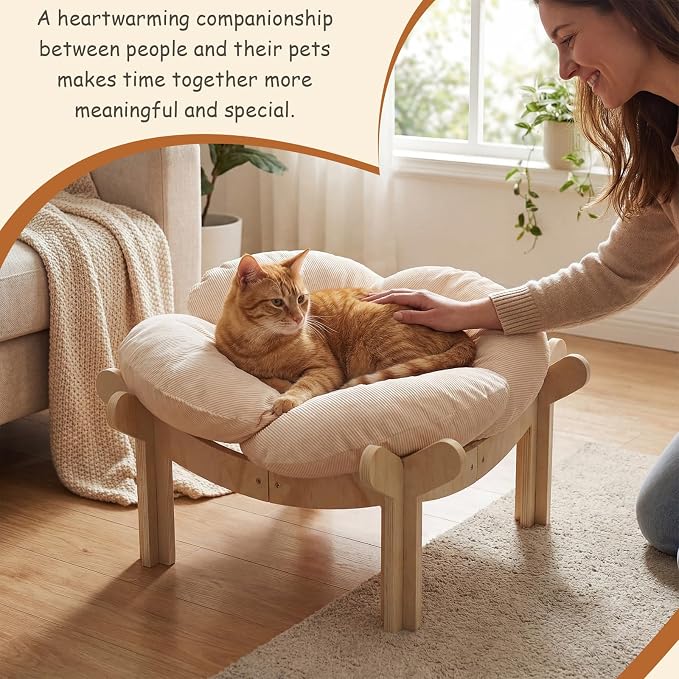 22x22x13 Inch Elevated Flower Cat Bed Wooden with Fluffy Cushion, Pet Couch Sofa for Indoor Cats, Raised Kitty Lounge Chair Suitable for Puppy, Cat Furniture Living Room Bedroom