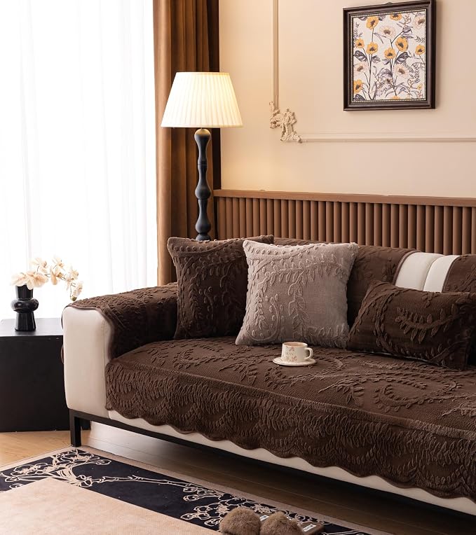 Fuzzy Rabbit Plush Sofa Cover Cozy Warm Sofa Couch Covers with 3D Jacquard Leaf Pattern Non-Slip Easy-to-Install Shaggy Sofa Slipcover Prefect for Kids Dogs Cats Cats(Caramel,36"x94")
