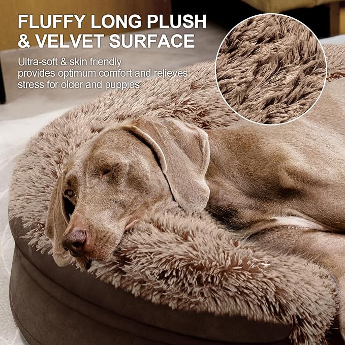 Fluffy Calming Jumbo Orthopedic Dog Beds for Extra Large Dogs, Supportive Dog Sofa Bed with 3.7 inch 28D Egg-Crate Foam, Removable Washable Plush Cover, Waterproof Lining, 48’’,Brown