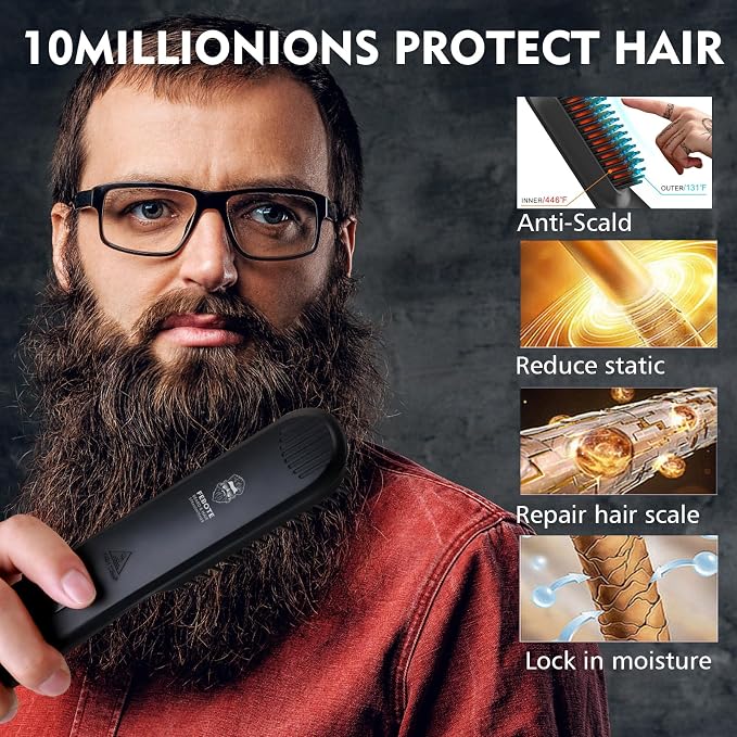 Beard Straightener Kit for Man- Heated Grooming Beard Brush, Beard Balm,Comb,Beard Growth Oil, Value Gift Set for Fathers Day,No-Scald,for Soft,Thick,Curly Beard,Prevent Damage