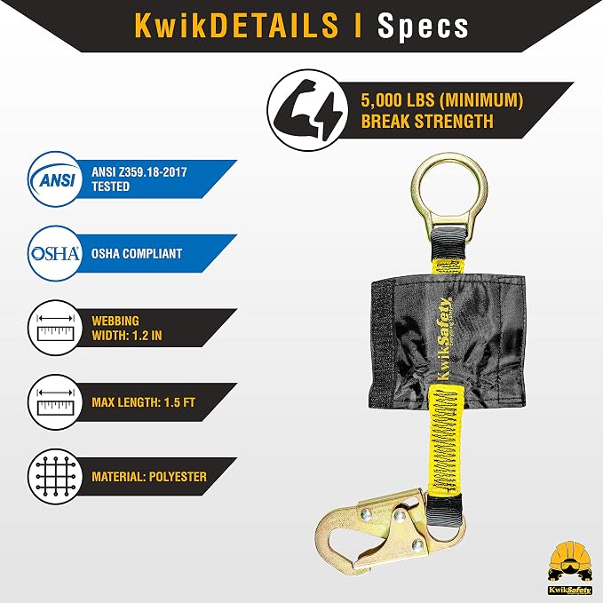 KwikSafety - Charlotte, NC - Dolphin Dorsal [1 Pack] 18" D-Ring Extender [Easy Hookup] ANSI Tested OSHA Compliant Harness Extension Lanyard Safety D Ring PPE Construction Roofing Fall Arrest Gear