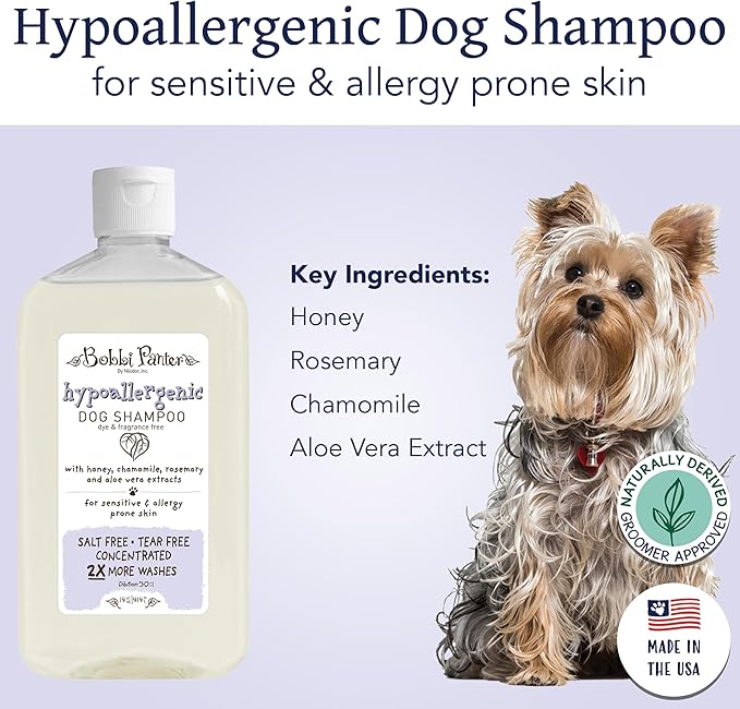 Bobbi Panter Hypoallergenic Dog Shampoo Honey, Aloe Vera, Chamomile & Rosemary – Dye & Fragrance Free Natural Formula for Sensitive & Allergy Skin, Tear-Free, 30:1 Concentrate, Made in USA, 14 oz