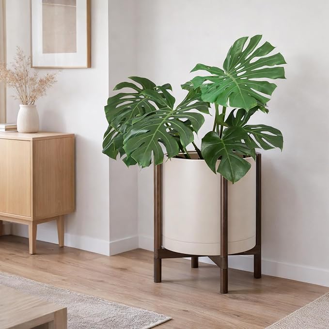D'vine Dev Plastic Pot with Walnut Wood Stand, Oatmeal, 16 in, 55-C-X-4 | Mid-Century Inspired Design, Elevated Plant Display, Clean Lines, Sturdy Support, Modern Space-Saving Style