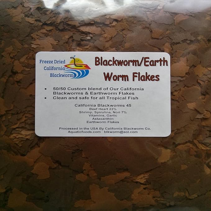 Aquatic Foods Inc. Flakes - 45% California Blackworm & Earthworm Flake Mix for Discus, Cichlids, Tetras, Guppies, Live Bearers, All Community Tropical Fish - Premium AF Flakes - 1/8-lbs