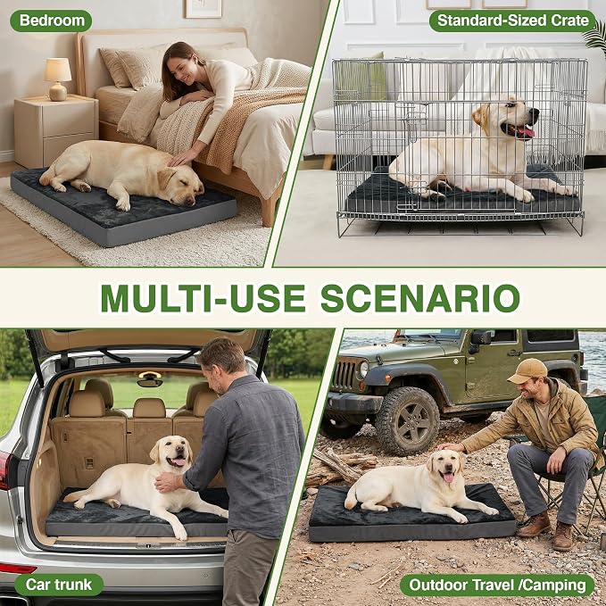 XXXL Dog Bed Waterproof, Washable Large Crate Pad 54" with Removable Cover | Jumbo Durable Pet Bed Foam, Reversible Wipeable Faux Leather & Soft Flannel, Outdoor Anti-Slip Kennel Pad 53"x36" Dark Gray
