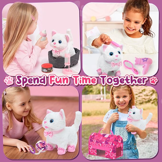 Golray Electronic Toy Dog and Cat for Kids Girls, 10 Pcs Puppy Pet Care Pretend Play Set 16 Pcs Kitten Carrier & Pet Groom Feed Care Set