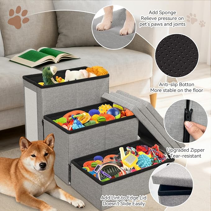 Zerbuger Dog Stairs with Storage, Grey Cat Scratcher 3 Steps Ramp no Condo | 18" H Wider Dog Steps for High Beds Couch, Folding Storage Pet Stairs Gift for Climbing Small/Medium/Large Old Dogs Cats