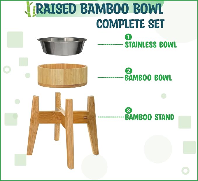 Elevated Dog Bowls for Large Breed - 15-Inch High - 74oz | Raised Dog Bowl Stand Made of Bamboo and Steel - Suitable for Water Dry Wet Foods