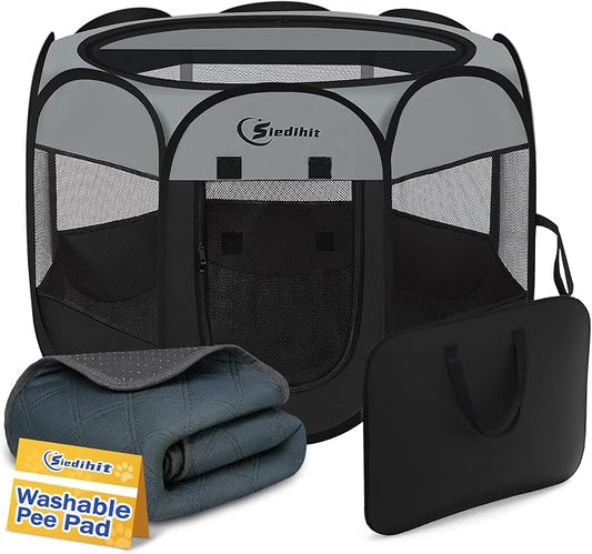 Siedihit Playpen for Middle Dog Cat, Dogs Tent Crate Cage Indoor | Outdoor, Portable Pop Up Dog Kennel with Carrying Bag for Rabbits (Dark Grey with Pad, Medium)