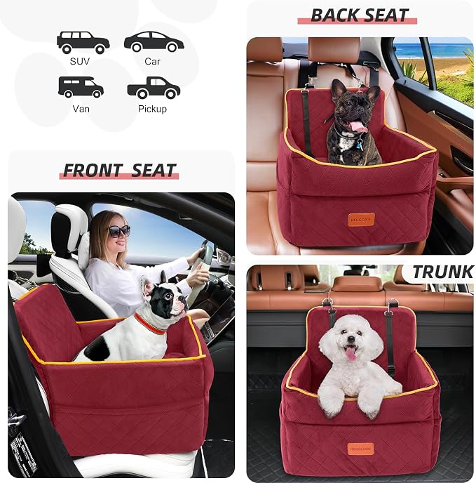 HEGGCOOE Dog Car Seat for Small Medium Dogs, Memory Foam Puppy Dog Booster Seat with Thick Cushion for Dogs Under 35lbs, Detachable Washable Pet Car Seat Travel Bed with Storage Pockets,2 Safety Belts