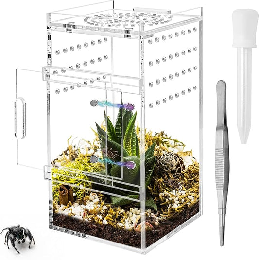 Jumping Spider Enclosure, 3x3x6 Inch Acrylic Terrarium with Magnet Opening Door & Tweezers, Suitable for Tarantula & Praying Mantis