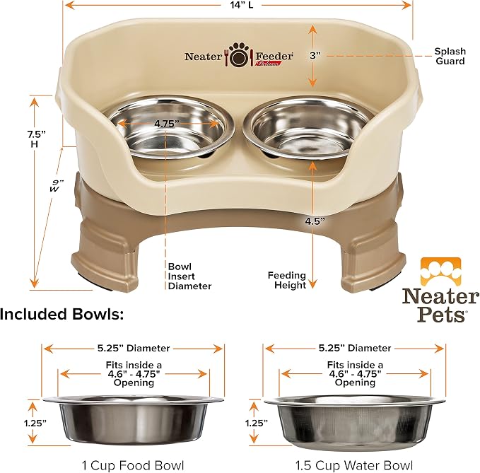 Neater Feeder Deluxe Mess-Proof Elevated Cat Bowls, 2 Height Adjustable (6” & 7.5”) No-Spill Raised Cat Bowl Stand, Whisker Friendly Stainless Steel Dishes for Indoor Cats, Made in USA, Cappuccino