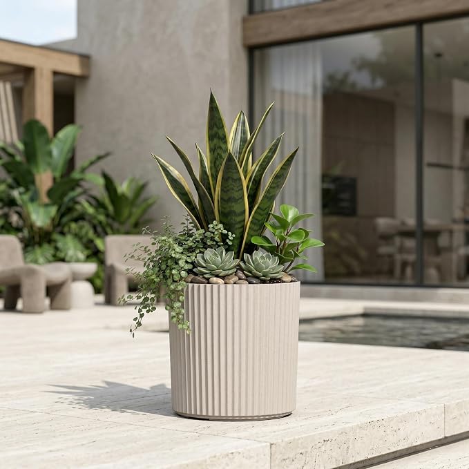 Mayne Haven 10-Inch Fluted Planter, Round Planters for Outdoor Plants, Lightweight Concrete Look Plant Pots for Porch, Patio, Garden and Entryway Décor, Chai