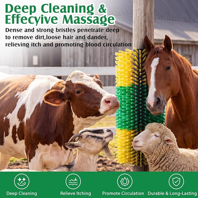 3 Pack Livestock Scratching Brush, Green and Yellow | Animal Scratcher, Itch Relief Grooming, Horse Goat Cow Scratcher, Fence Post Mounting, Durable Bristles, Farm Livestock Care