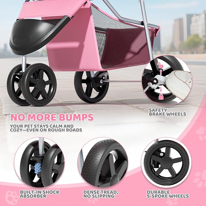 Magshion 3-Wheel Pet Stroller for Small/Medium Dog Cat, Up to 33lbs, Pink | Foldable Travel Jogger w/ Breathable Mesh Cover, Lightweight Design, Safety Tethers, Cup Holder & Storage Basket