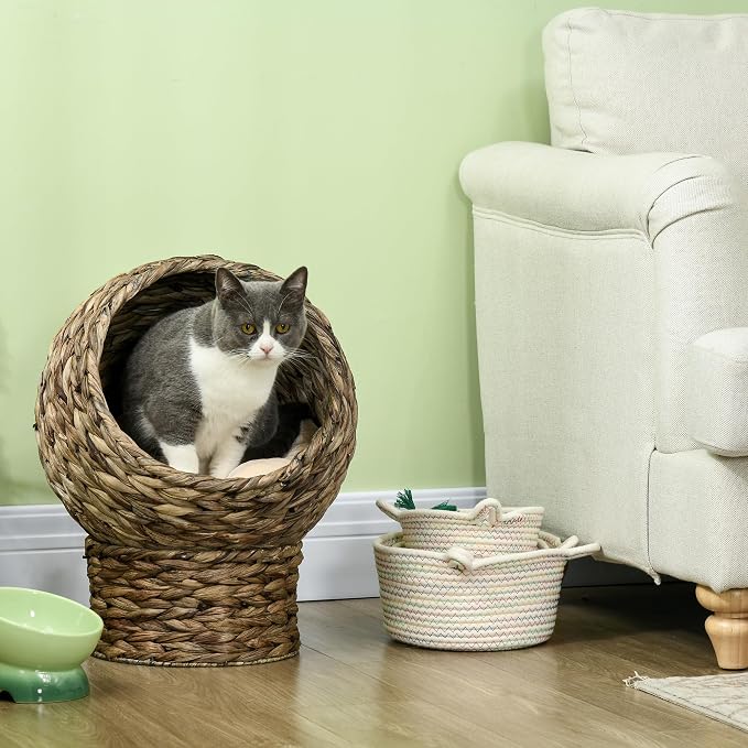 PawHut Handwoven Elevated Cat Bed for Indoor Cats 20" H Gray | Soft Cushion & Egg Chair Shape, Basket Bed Kitty House with Stand, Raised Wicker House