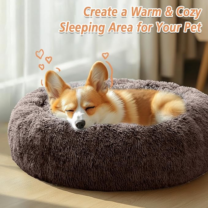 JOLLYVOGUE Calming Dog Bed for Small Dogs - 23 inches Donut Washable Small Dog Bed for Kittens & Puppies, Anti-Slip Round Fluffy Plush Faux Fur Cat Beds (Fits up to 25 lbs Pets)