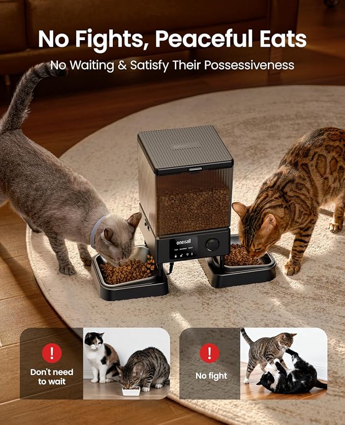 oneisall 5G WiFi Automatic Cat Feeder for 2 Cats, App Control, 20 Cups/5L | Timed Meals, Feed Now, Feeding Logs, Slow Feed, Precise Portions, 10s Voice Recorder, Family Sharing, Stainless Steel Bowls