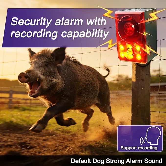 Solar Outdoor Motion Sensor Alarm - QXMH Dog Barking & Gunshot Sound, Support Recording&±Volume, 130db Motion Detector Alarm Light,with USB for Home,Villa,Farm,Barn,Say Goodbye to The Intruders