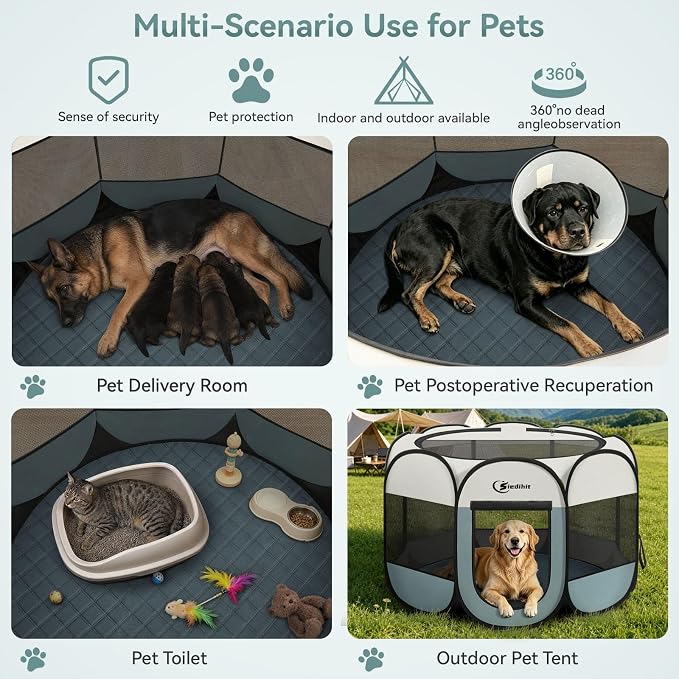 Siedihit Dog Playpen Tent Crate Cage with Washable Pee Pad, Ex-Large Grey | Travel Camping Portable Pop Up Easy to Set up lightweight dog Kennel with Carrying Bag for Indoor/Outdoor Wide applicability