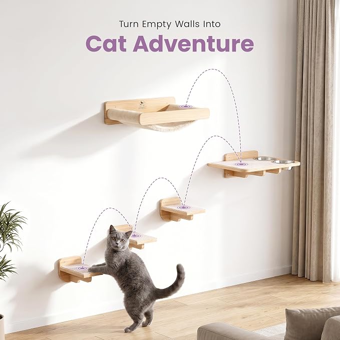 Cat Wall Shelves - Wall Mounted Cat Shelves with Feeding Station | Natural Wood Finish, Solid Pinewood, Beige Carpet, Supports Up to 33 lbs, Stainless Bowls, Dog-proof, Lounging, Climbing
