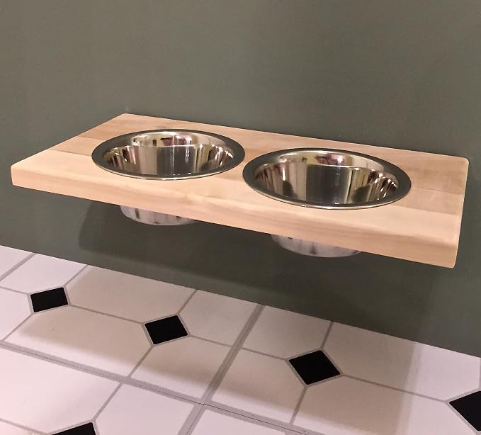 Chic, Floating, Wood, Height-Flexible Wall Mount Dog/Cat/Pet Food & Water Bowl Holder/Feeder, 2 S.S. Dishwasher-Safe Bowls (~ 1 Quart / 32 oz / 900 ml) for Mid-Size Pets. 2-Screw Installation.