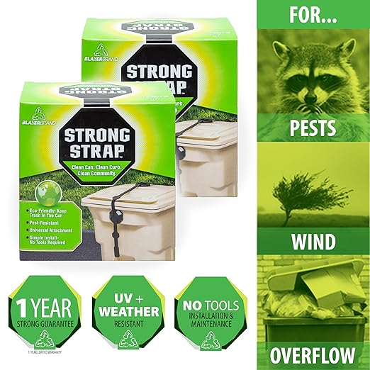 Blazer Brand Strong Strap Lid Locks for 32–96 Gallon Garbage Cans (2-Pack) Long Lasting, No Tools Required, Stretch to Latch, Mitigate Pests, Wind, Overflow, and Spillage
