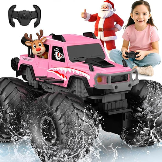 NQD® Monster Truck Toys, Waterproof 360°Rotate 4x4 RC Truck, Amphibious Remote Control Monster Trucks, 2.4GHz All Terrain Off-Road Pickup Toy RC Car for Gifts for Boys Kids Age 6 7 8 9 10 11 12+,Pink
