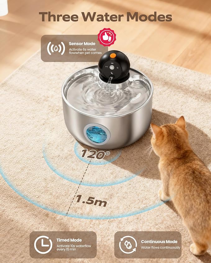 Cordless Cat Water Fountain Wireless: Pet Fountain with 8 Filters 8 Sponges | 2.6L Battery Powered Cat Fountains for Cats Indoor Rechargeable Kitty Water fountain stainless steel with Water Level Window