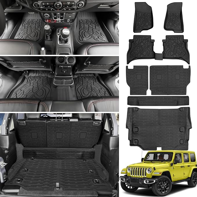 Cargo Mats for 2021-2024 2025 Jeep Wrangler JL 4XE Only,Floor Liners with Trunk Mat Backrest Mat All Weather TPE Protector Rear Floor Trunk Liners for 21-25 Wrangler JL 4XE 4 Door Accessories