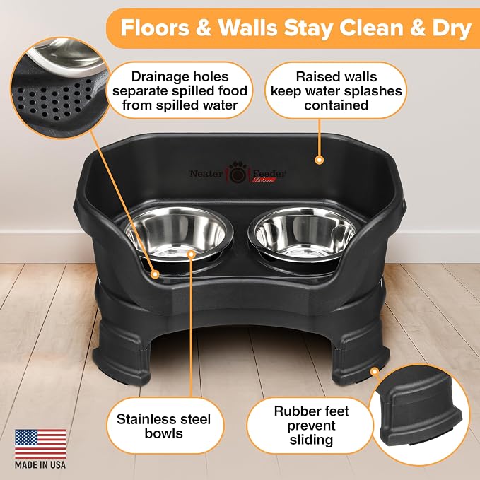 Neater Feeder Deluxe Mess-Proof Elevated Cat Bowls, 2 Height Adjustable (6” & 7.5”) No-Spill Raised Cat Bowl Stand, Whisker Friendly Stainless Steel Dishes for Indoor Cats, Made in USA, Black