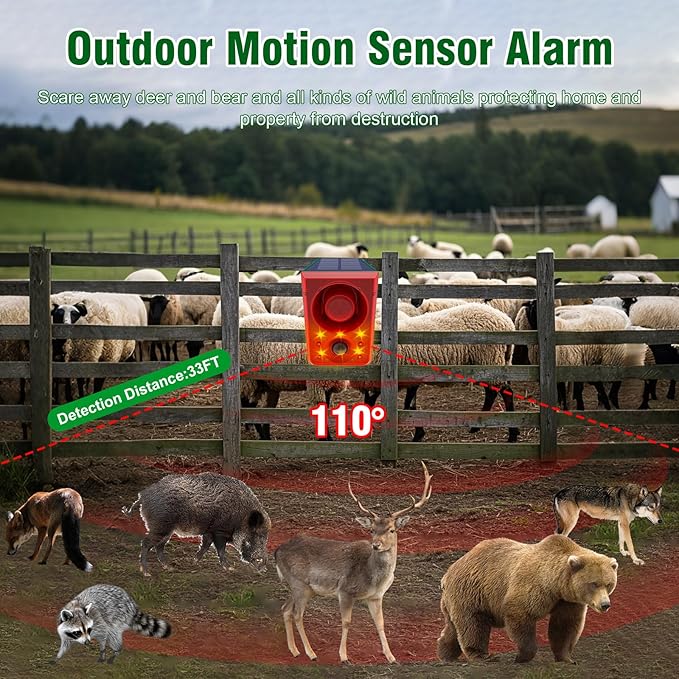 ChunHee Solar Outdoor Motion Sensor Alarm with Dog Barking Gunshot Sound, Support Recording and Adjustable Volume, 130db Loud Noise Maker 3 Work Modes Strobe Light for Home, Villa, Farm, Barn (6pack)