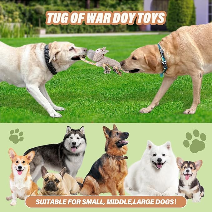 Drmstow Large Squeaky Dog Toys for Aggressive Chewers,Interactive Tug of War Puppy Toys with Pull Rope,Tough Plush Pet Dog Chew Toys for Small, Medium and Big Dogs