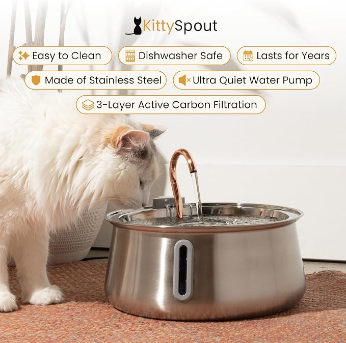 KittySpout Stainless Steel Cat Water Fountain Automatic Drinking Fountain, Quiet Circulating Water Bowl, Dishwasher Safe, Indoor Pet Fountain for Hydrated Healthy Cats (Stainless Steel, 4L Corded)