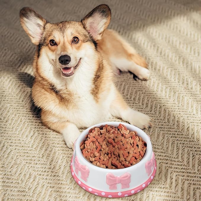 Reallnaive 2 Pcs Pink Bow Ceramic Bowl for Small Dog and Cat Cute Bowtie Pet Bowl for Food Water Macaron Pink Dish Pets Feeding Bowls Suitable Small Cat Dogs