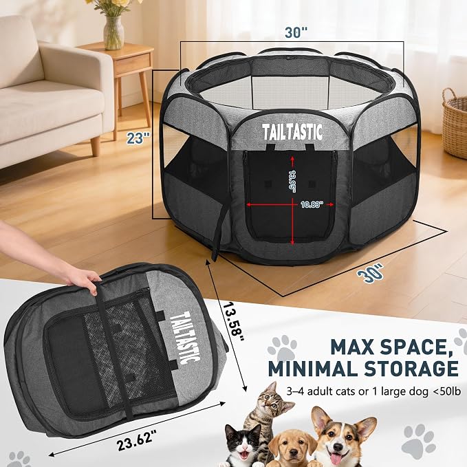 Portable Pet Playpen for Medium Dogs & Cats, Foldable Puppy Safety Pen with Removable Zipper Top, Breathable Mesh Dog Delivery Room, Indoor Isolation Cage for Pets (Light Grey, Medium)