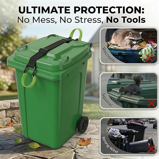 Raccoon Proof Trash Can Lid Lock Strap - Heavy Duty Metal Hooks Garbage Can Lock for Animals, Dogs, Bears - Adjustable Universal Fit, Easy-Pull Handle for Clean Hands, No Drilling - 1 Pack
