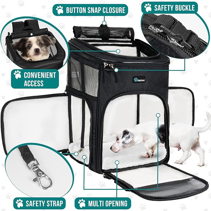 PetAmi Dog Backpack Carrier, Airline Approved 4-Way Entry Cat Backpack Carrier, Ventilated Mesh, Collapsible Pet Carrier for Small Puppy, Kitten, Hiking, Travel Car, Vet, up to 18 lbs, Black