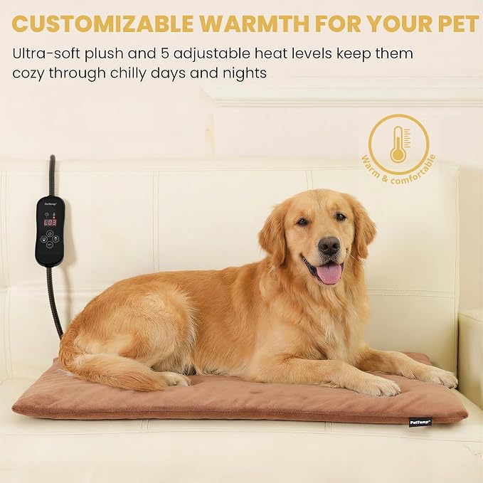 Upgraded Pet Heating Pad, 5 Adjustable Temperature & Timer, Chew-Resistant Electric Heated Dog Cat Bed, Auto Power-Off, Waterproof, 31.5" x 23.4"