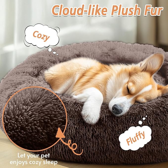 JOLLYVOGUE Calming Dog Bed for Small Dogs - 23 inches Donut Washable Small Dog Bed for Kittens & Puppies, Anti-Slip Round Fluffy Plush Faux Fur Cat Beds (Fits up to 25 lbs Pets)