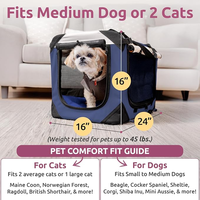 Dog & Cat Carrier, Large, Navy | Soft-sided, Fits Large Cat, 2 Cats, or Medium Dog Comfortably, Great for Travel & Vet Visits, Privacy Windows, Removable Bed