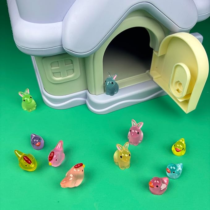 Mini Resin Animals to Hide 72 PCS Luminous Tiny Miniature Figurines Bulk Glow in The Dark Include Little Ducks Small Chicken Rabbits Frogs for Garden Micro Landscape Aquarium Potted