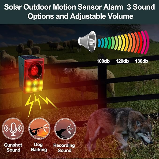 Qualirey 8 Pcs Solar Outdoor Motion Sensor Alarm Animal Deterrent Gunshot Sound Dog Barking 130db Loud Noise Maker 3 Modes with USB Remote Control, Support Recording and Volume Adjustment (Red)