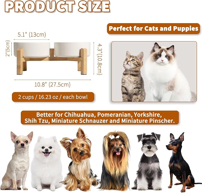 Elevated Ceramic Dog Bowl Set - Raised Feeding Bowls with Non-Slip Bamboo Stand - Small Pet Dishes for Food and Water - Ideal for Cats and Puppies - 16.23 OZ - 2 Cups - 480 ML | 5.1'' Double Dog Feeding Dishes, Non-Slip Raised Dog Feeder for Cats and P...
