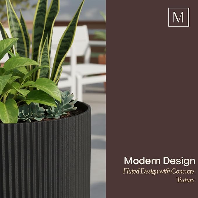 Mayne Haven 10-Inch Fluted Planter, Round Planters for Outdoor Plants, Lightweight Concrete Look Plant Pots for Porch, Patio, Garden and Entryway Décor, Black