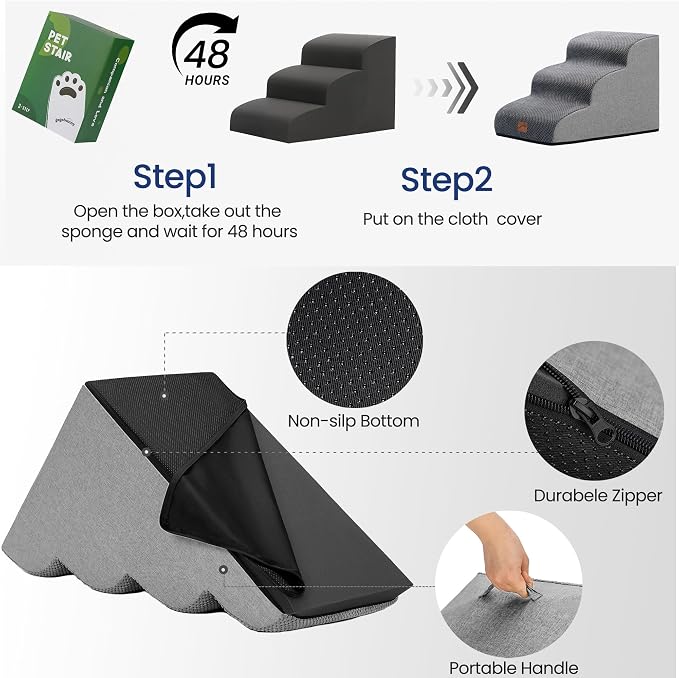 GoGoBunny Ramp Dog Stairs for Couch Sofa and Chair 11.8" H, 2-Step Pet Steps for Small Dogs and Cats, Non-Slip Waterproof Fabric Cover, Stable and Balanced Indoor Step, Pets Friendly, Grey