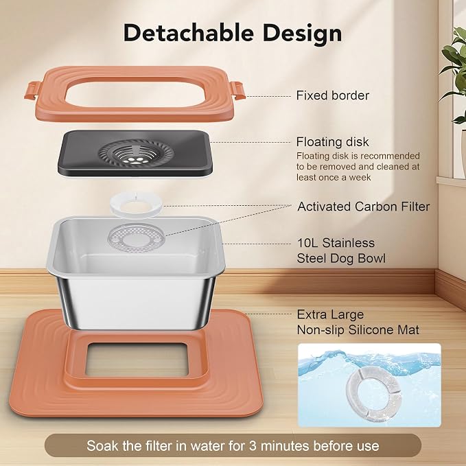Decflow 10L Stainless Steel Dog Water Bowl, No Spill Anti-Splash Bowls | Slow Drinking for Messy Drinkers, XXl Anti-Skid Silicone Mat,Heavy Duty Pet Bowls for Indoor/Outdoor Use