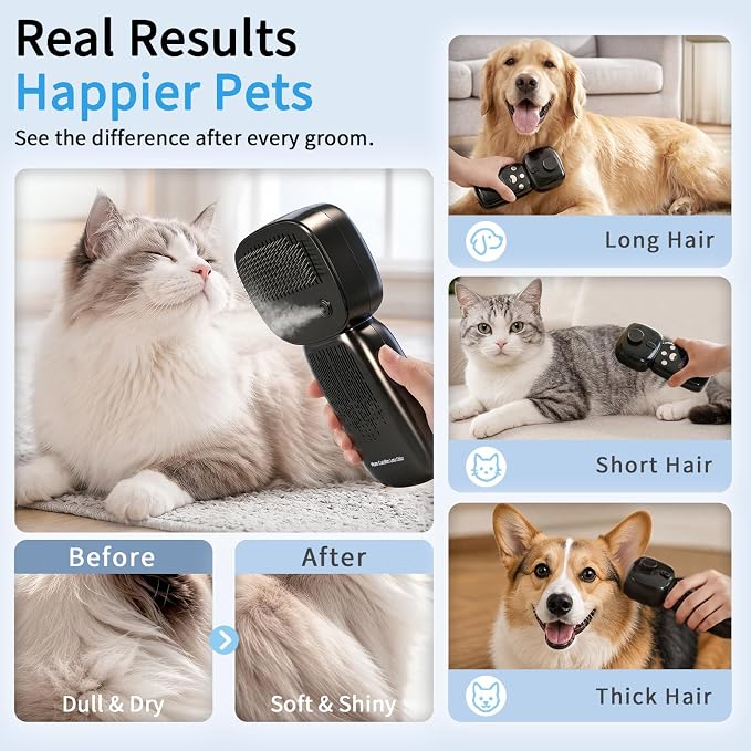 Dog Odor Remover Brush for Dogs & Cats, Cold Plasma Pet Freshening Brush, Helps Reduce Pet Smell Between Baths, Deshedding Comb with Rotating Adjustable Stainless Steel Pins